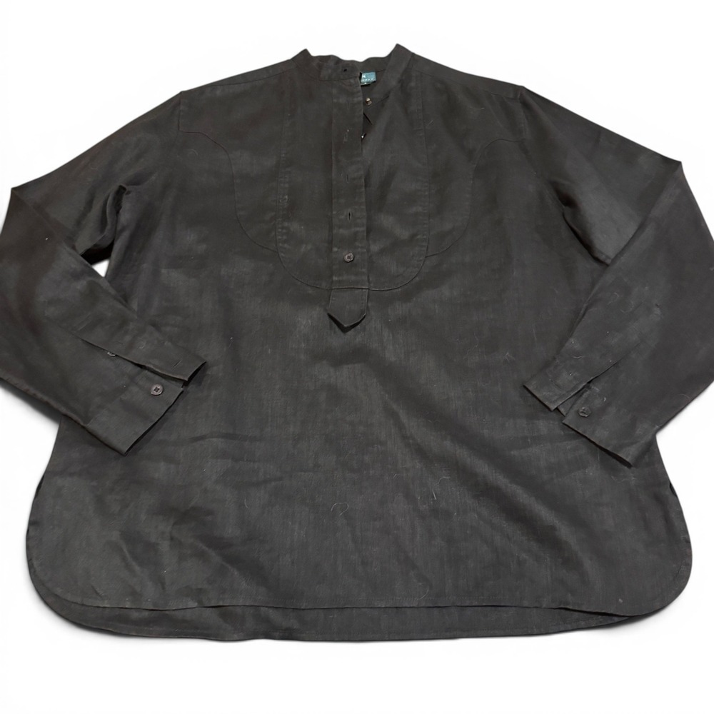 Lauren Ralph Lauren Black 100% Linen Bib Front Band Collar Tunic Classic Shirt 8